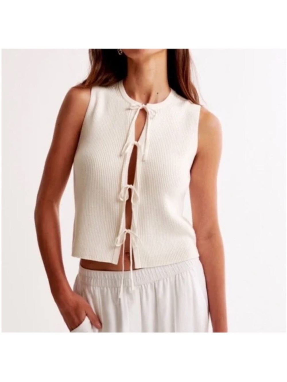 Abercrombie & Fitch Ivory Ribbed Tie-Front Sleeveless Top